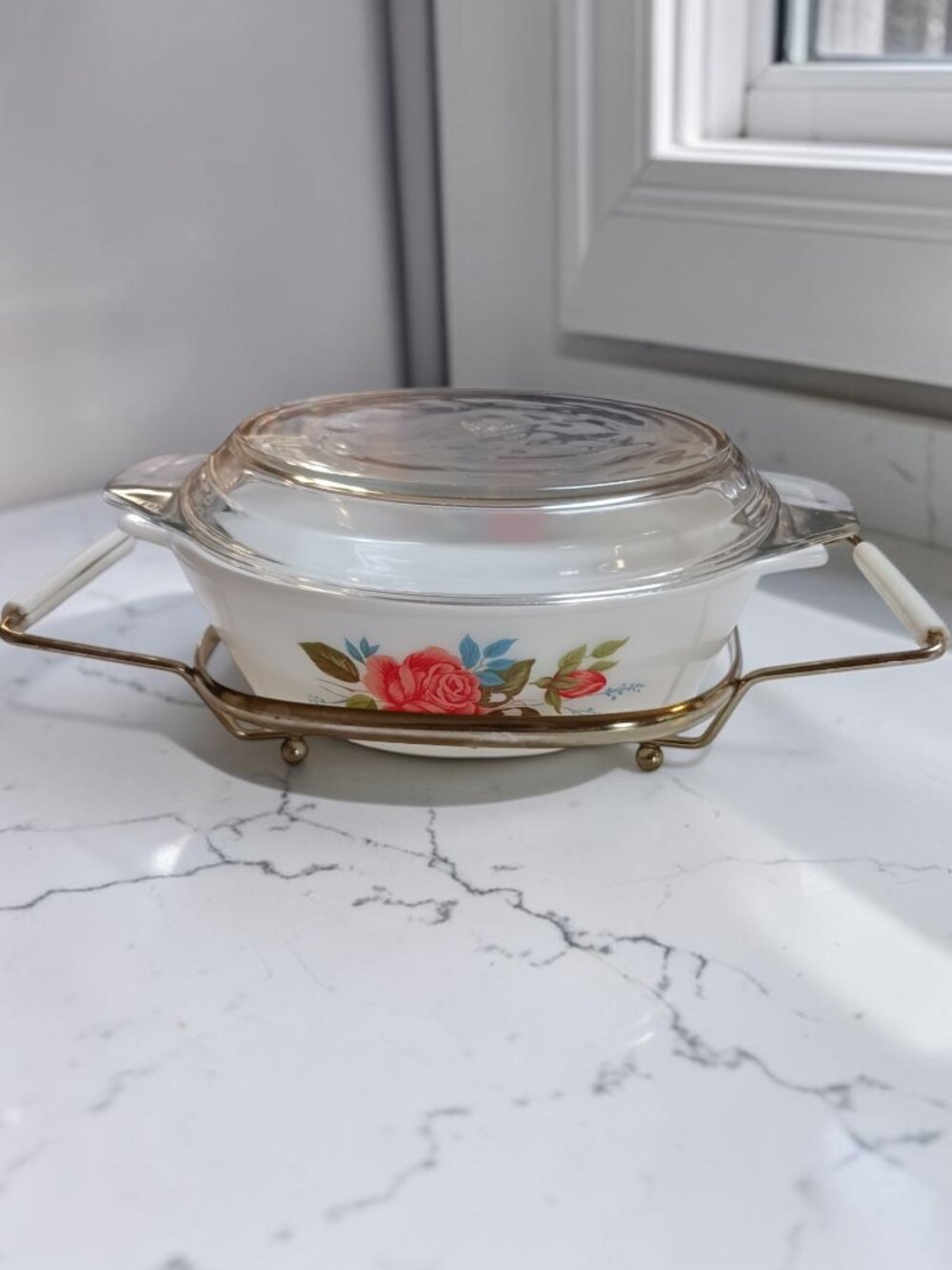 Vintage JAJ England Country Rose 3-Piece Casserole Set with Lid & Serving Tray